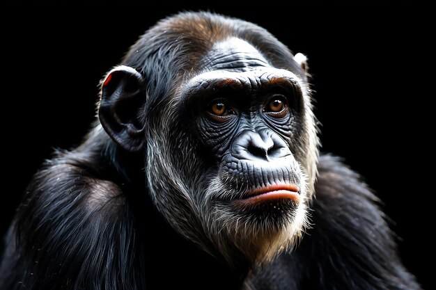 El chimpancé es un animal primate con fondo negro.