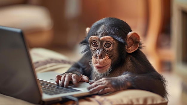 Un chimpancé está sentado en una cama y usando una computadora portátil. El chimpancés está mirando a la pantalla y sonriendo.