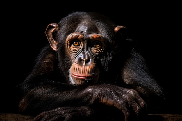 un chimpancé está sentado en una mesa con las manos en la barbilla
