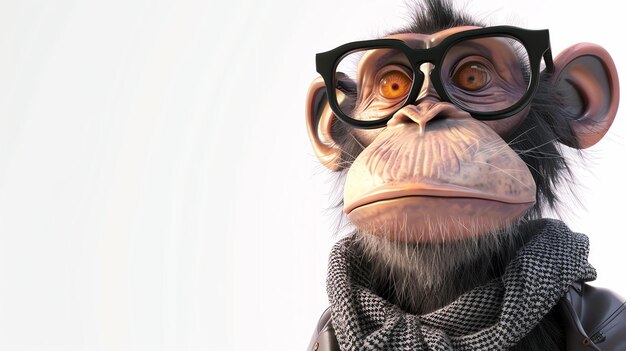 Foto un chimpancé con gafas y bufanda mirando hacia otro lado