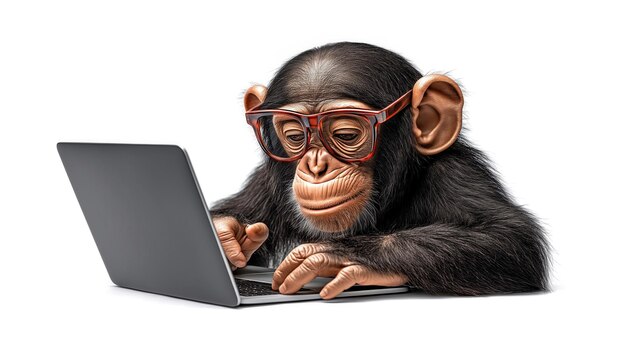 Un chimpancé con gafas trabaja en una computadora portátil sobre un fondo blanco