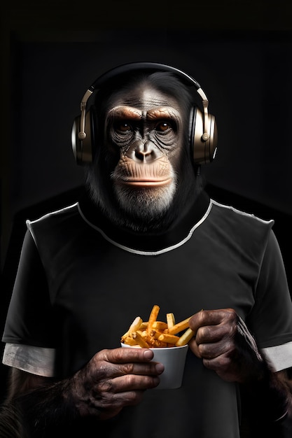 Un chimpancé genial ficticio con camisa negra de manga corta comiendo papas fritas creado por IA generativa