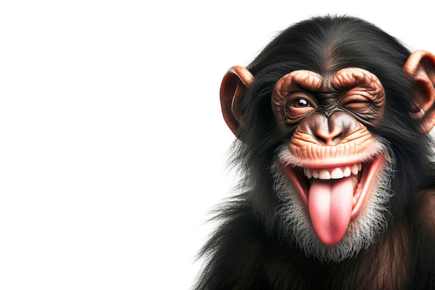 Un chimpancé gracioso haciendo un guiño y sacando la lengua de fondo blanco.