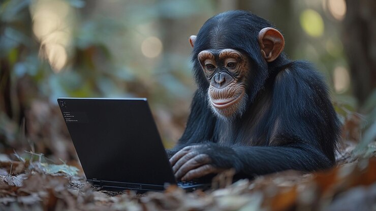 Foto un chimpancé inteligente trabajando remotamente desde el bosque con una computadora portátil