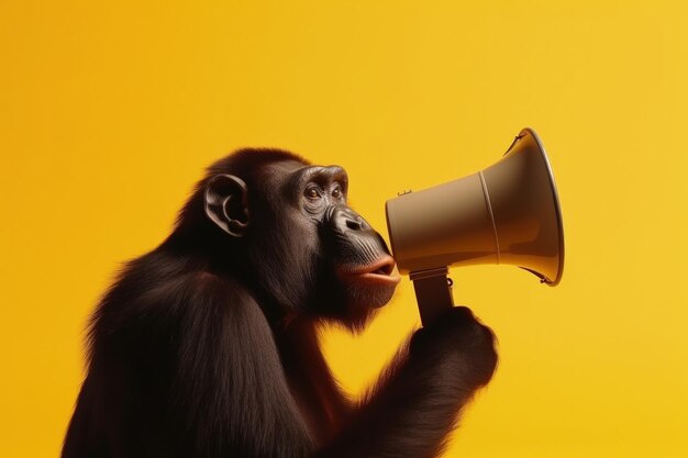 Chimpancé con megáfono sobre fondo amarillo publicidad concepto ilustración digital Generat