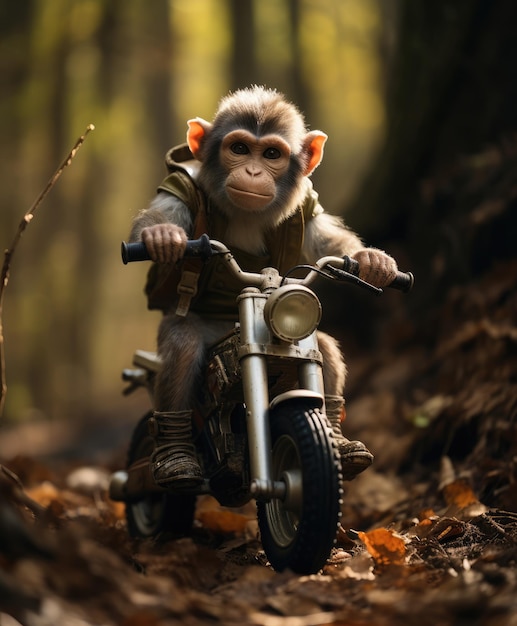 un chimpancé en una minimoto recorriendo un bosque