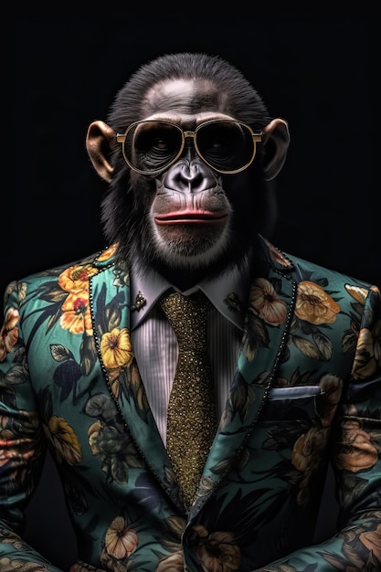 Un chimpancé mono vestido con un elegante traje y una buena corbata. Retrato de moda de un antropomórfico.