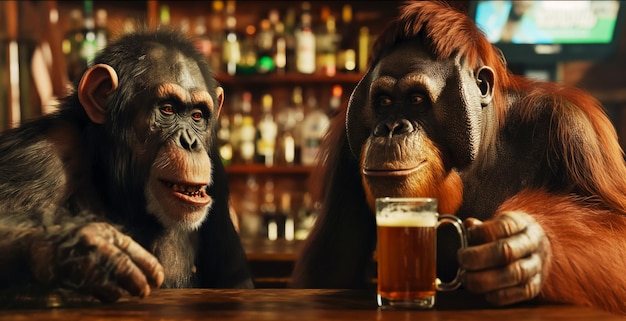 Chimpancé y orangután los fines de semana en un bar con una taza de cerveza póster humorístico y invitación a t