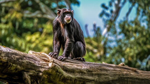 Foto un chimpancé se sienta en la rama de un árbol