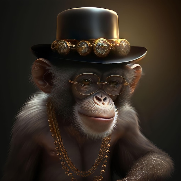 Un chimpancé con sombrero y gafas lleva puesto un sombrero y un collar.