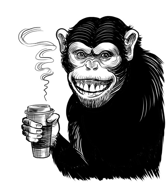 Foto chimpancé con una taza de café ilustración en blanco y negro dibujada a mano