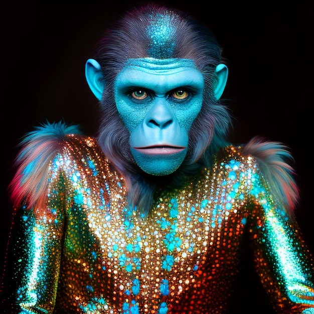 Foto un chimpancé con un traje brillante de brillo de neón