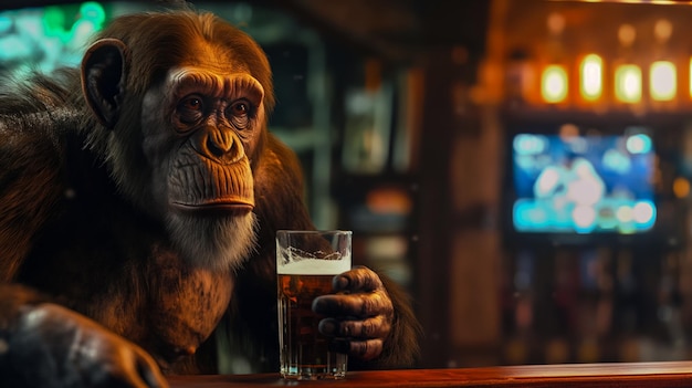 Foto un chimpancé triste con una taza de cerveza detrás del mostrador en un anuncio de bar de pub con espacio de copia para c