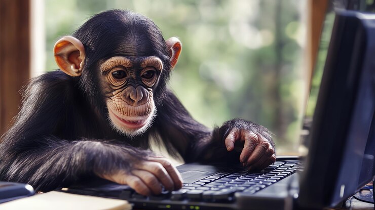 Foto un chimpancé usando una computadora portátil con una expresión seria