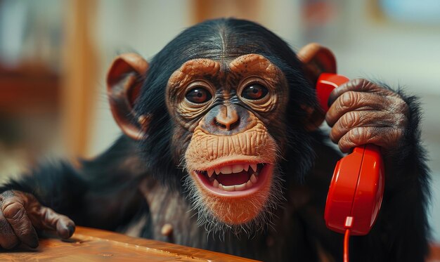 Foto un chimpancé usando un teléfono rojo un mono sonriente