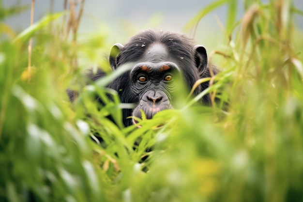 Un chimpancé con vegetación para camuflarse