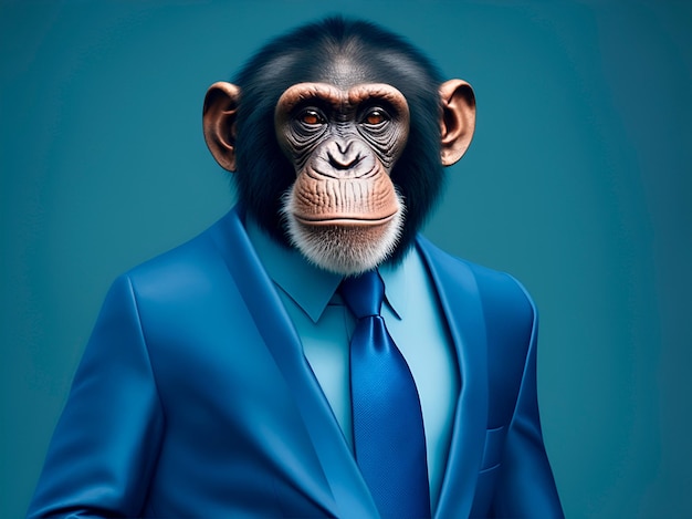 Un chimpancé vestido con un traje azul con corbata azul y una camisa azul claro sobre un fondo azul