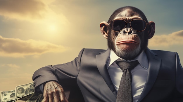 Chimpanzé em terno moderno com óculos de sol dinheiro em dinheiro