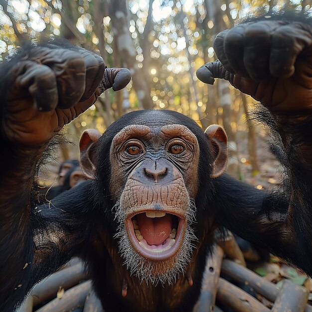 Foto chimpanzés expressivos no dossel da floresta