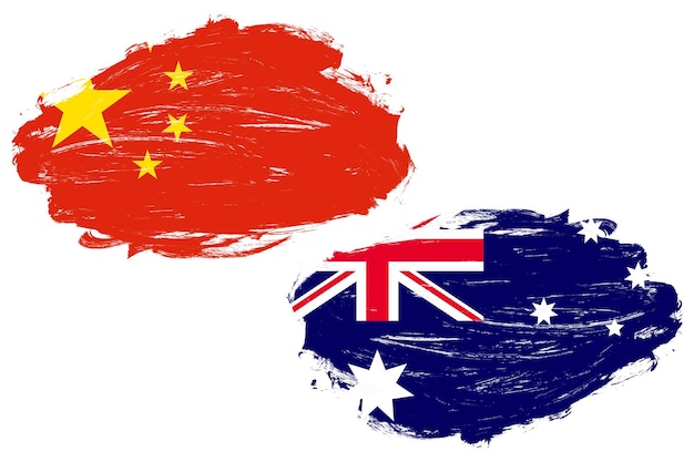 China con la bandera de australia juntos en un fondo de pincel de trazo blanco