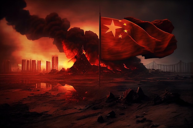 China Burning Flag China guerra conflicto fuego crisis concepto IA generativa