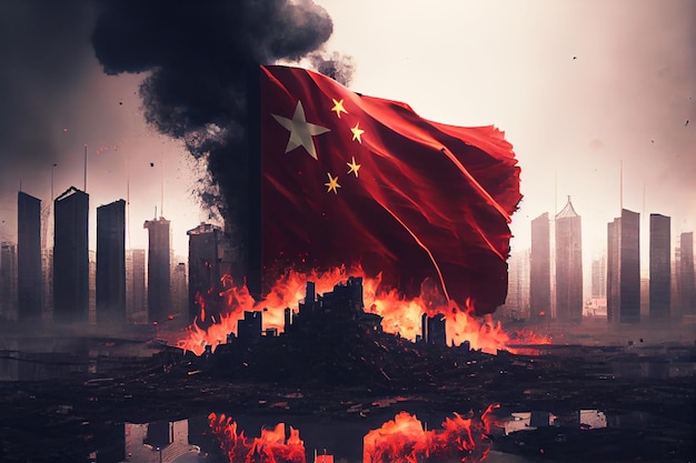 China Burning Flag China Kriegskonflikt Brandkrise Konzept Generative KI