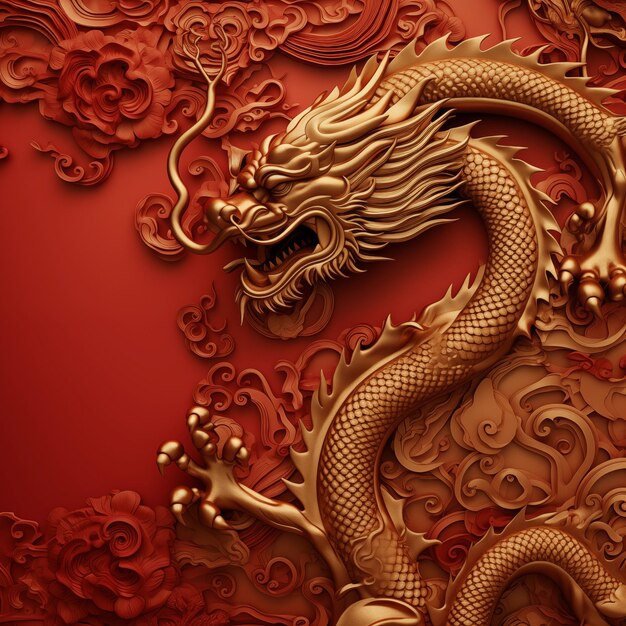 China dragão dourado em fundo vermelho o símbolo do ano desenho ilustração generativa ai