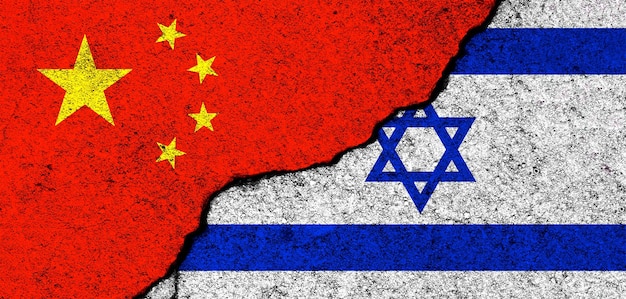 China e Israel Flags background Conceito de política economia cultura e conflitos guerra Amizades e cooperação Pintado em paredes de concreto foto de banner