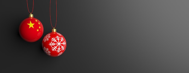 China-Flagge auf einem Weihnachtsball schwarzer Hintergrund 3D-Darstellung