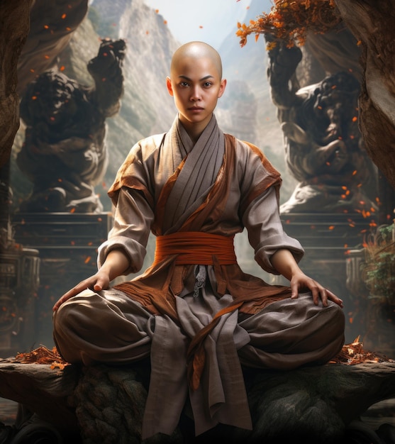 Foto china jovem fêmea shaolin monge asiático no mosteiro desenvolvimento espiritual tranquilidade yin yang equilíbrio ascético monastério budista noviços templo shaolin