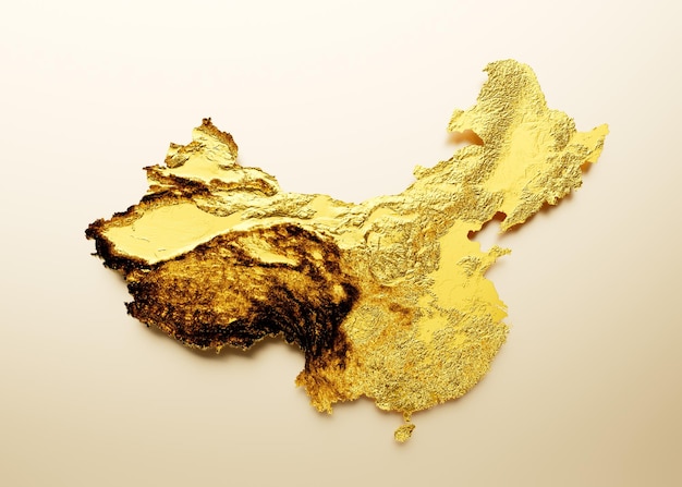 China Karte Goldene Metallfarbe Höhenkarte Hintergrund 3D-Darstellung