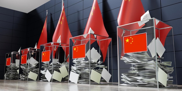 China mehrere Wahlurnen und Flaggen, Wahlkonzept 3D-Illustration