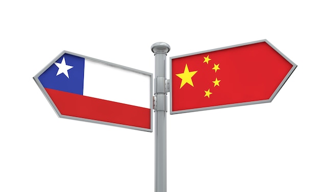 China- und Chile-Flaggenzeichen bewegen sich in verschiedene Richtungen 3D-Rendering