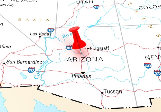 Chincheta roja sobre el mapa de Estados Unidos del estado de Arizona. Representación 3D