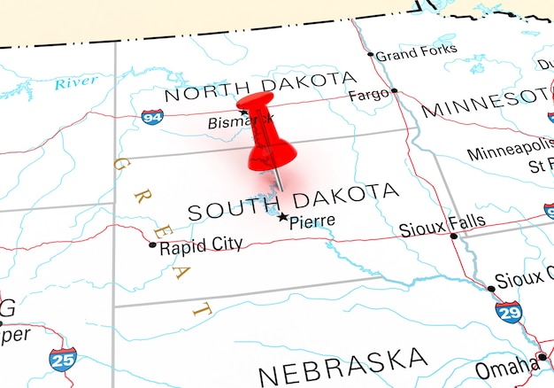 Chincheta roja sobre el mapa de Estados Unidos del estado de Dakota del Sur. Representación 3D