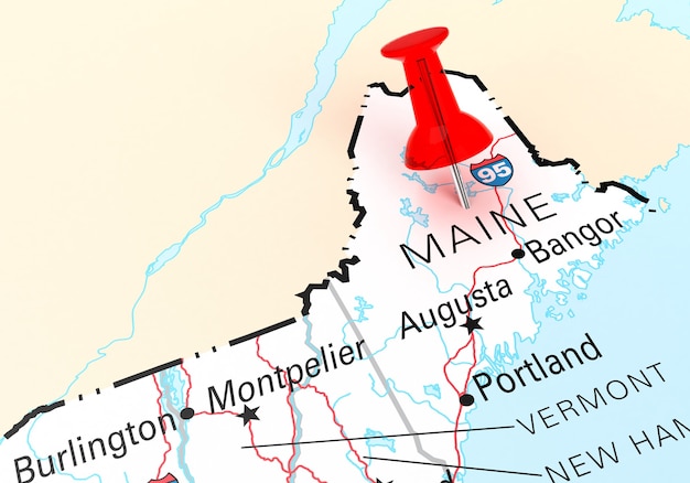 Chincheta roja sobre el mapa de Estados Unidos del estado de Maine. Representación 3D