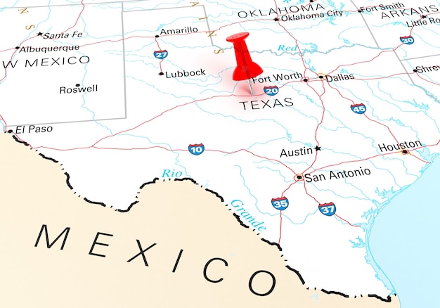 Foto chincheta roja sobre el mapa de estados unidos del estado de texas. representación 3d