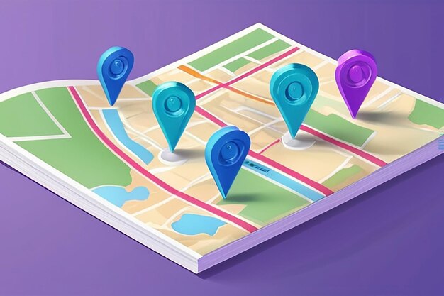 Chinchetas rosas y azules que muestran la ubicación de marcado en el mapa