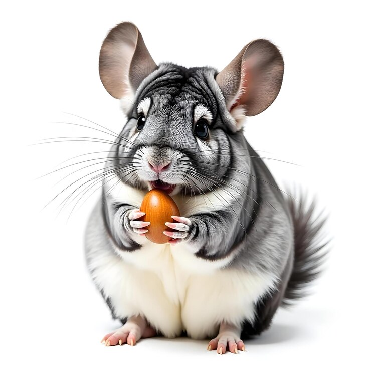 chinchilla sentada y sosteniendo un vector de nueces