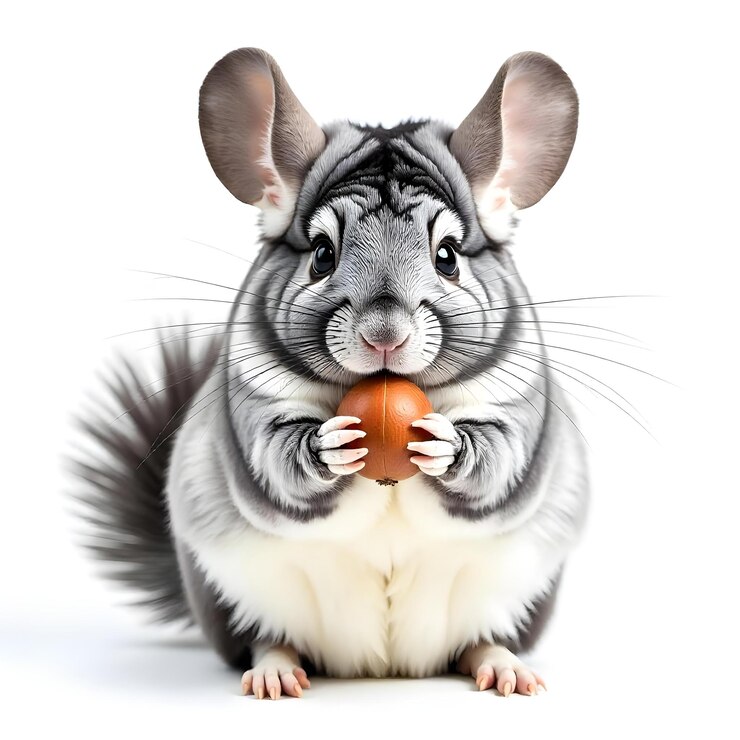 chinchilla sentada y sosteniendo un vector de nueces