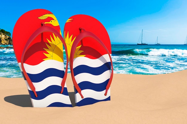 Chinelos com bandeira de Kiribati na praia Kiribati resorts passeios de férias pacotes de viagem conceito renderização em 3D