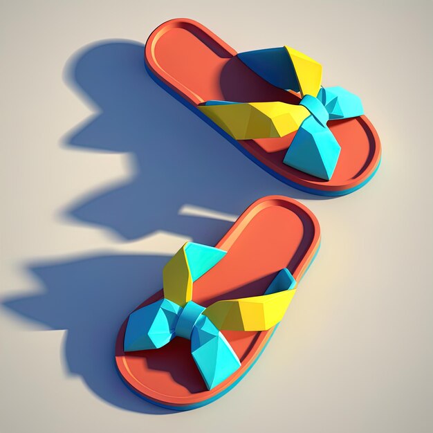 chinelos em fundo azul renderização 3d chinelos coloridos na praia renderização 3d