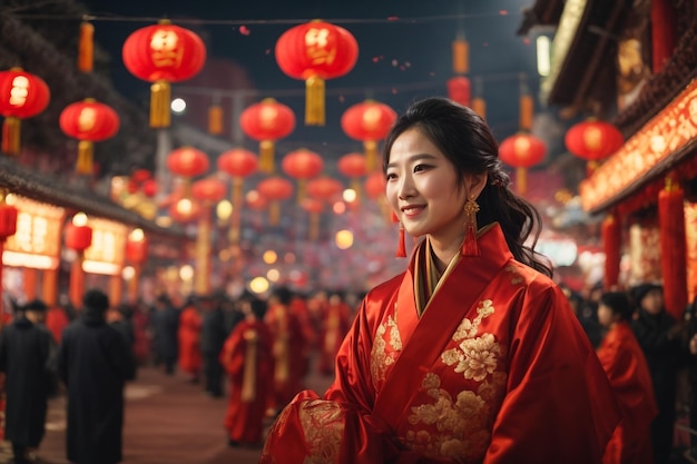 Chinesin in einem roten Cheongsam feiert das neue Jahr 2024