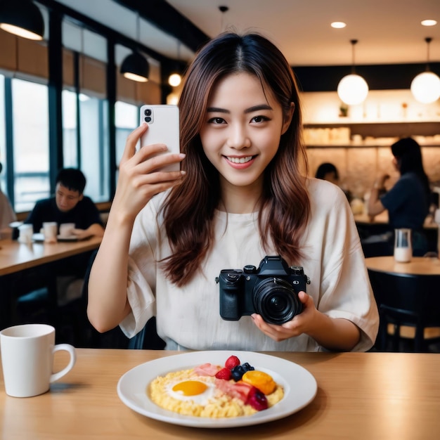 Chinesin lächelt mit Kamera und Smartphone im Stadtcafé und macht in der Pause Fotos und Videos