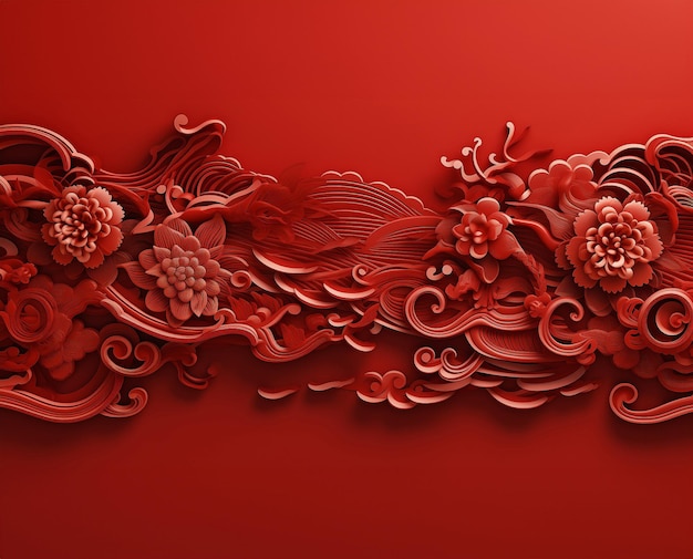 Chinesische 3D-Blumen mit chinesischer Linie auf rotem Hintergrund GenerativeAI im chinesischen Stil