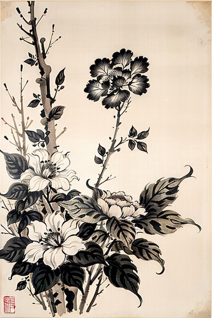 Chinesische Aquarell-Tinte-Stil Alte Blumenmalerei Eine Zweigblumen-Sammlung Kunstausstellung