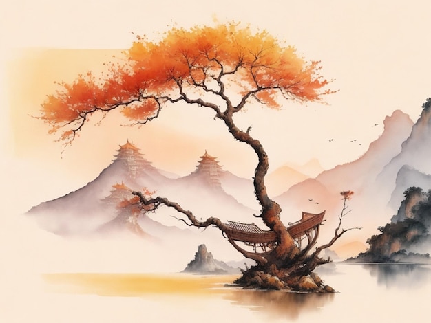 Chinesische Aquarell-Tinte-Stil Sonne Bergvogel Boot Baum Landschaft Malerei abstrakte Kunst Tapeten