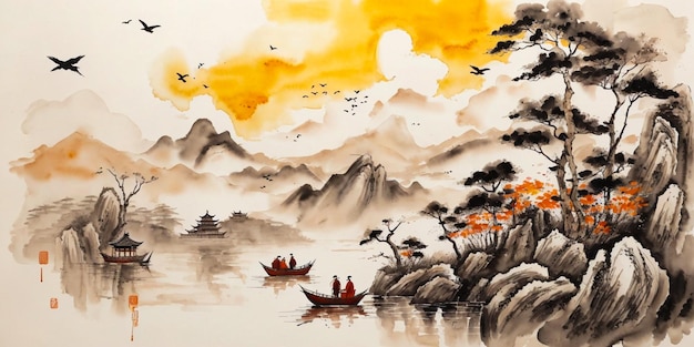 Chinesische Aquarell-Tintenart-Berglandschaftsmalerei-abstrakte Kunsttapete