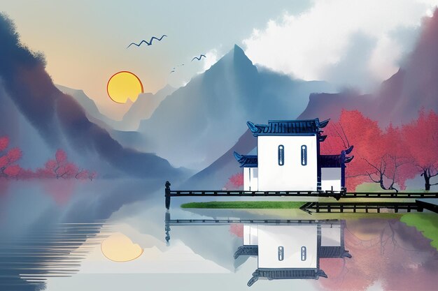 Chinesische Aquarelltintenlandschaft Seehaus Pflaumenblütenvogelbaumpavillon Sonne schöne Landschaft