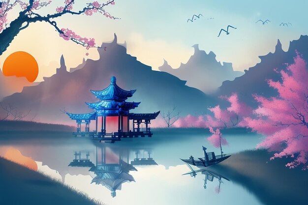 Chinesische Aquarelltintenlandschaft Seehaus Pflaumenblütenvogelbaumpavillon Sonne schöne Landschaft